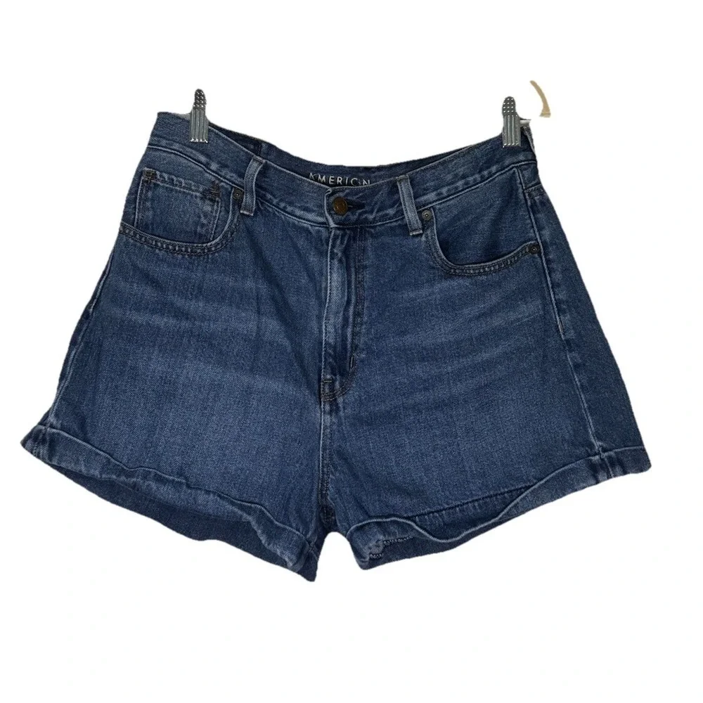 American Eagle Mom Shorts Size 10 High Waisted Blue Denim Cuffed 100% Cotton - Picture 2 of 6